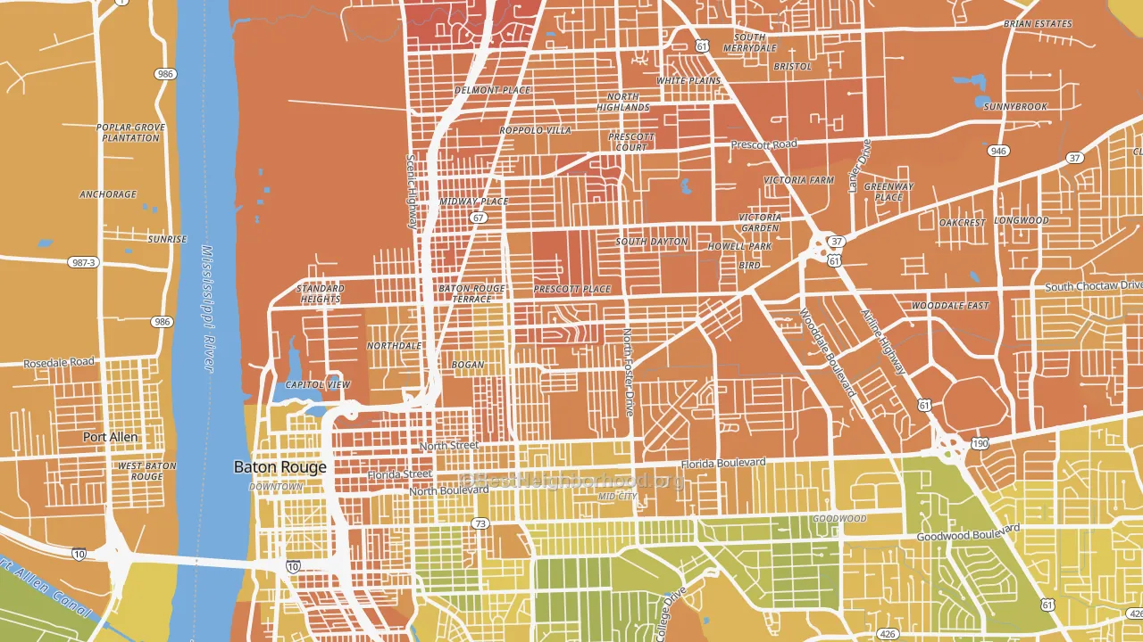 Map of the best neighborhoods in the Belfair, Baton Rouge area, with better matches in green and worse matches in red