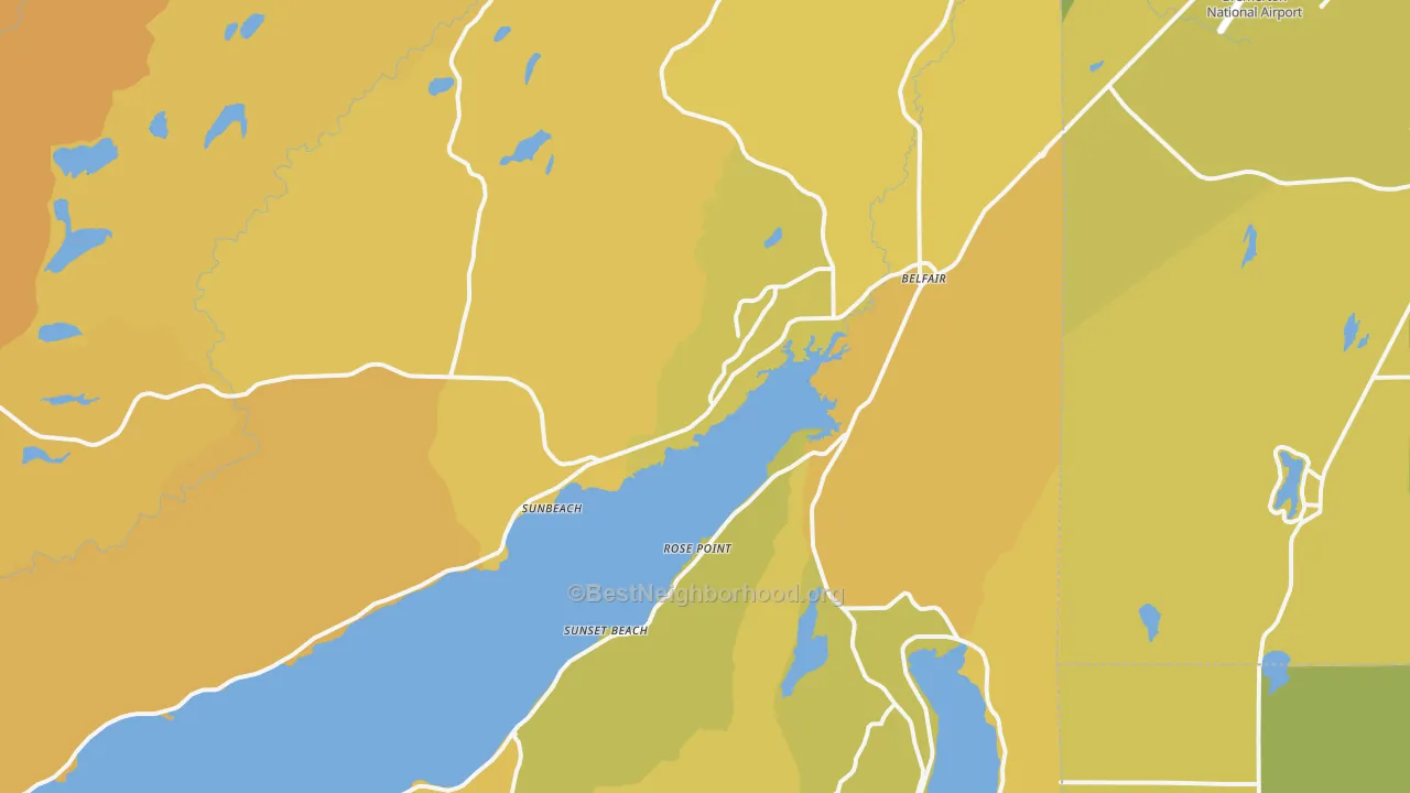 Map of the best neighborhoods in the Belfair area, with better matches in green and worse matches in red