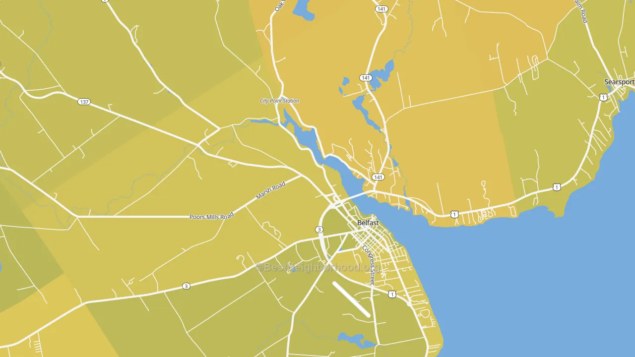 Map of the best neighborhoods in the Belfast area, with better matches in green and worse matches in red