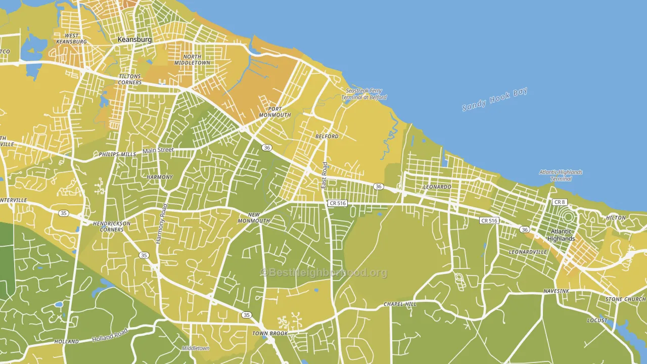 Map of the best neighborhoods in the Belford area, with better matches in green and worse matches in red
