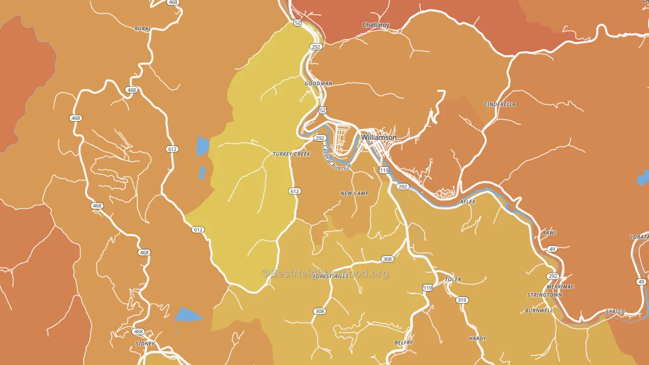 Map of the best neighborhoods in the Belfry area, with better matches in green and worse matches in red