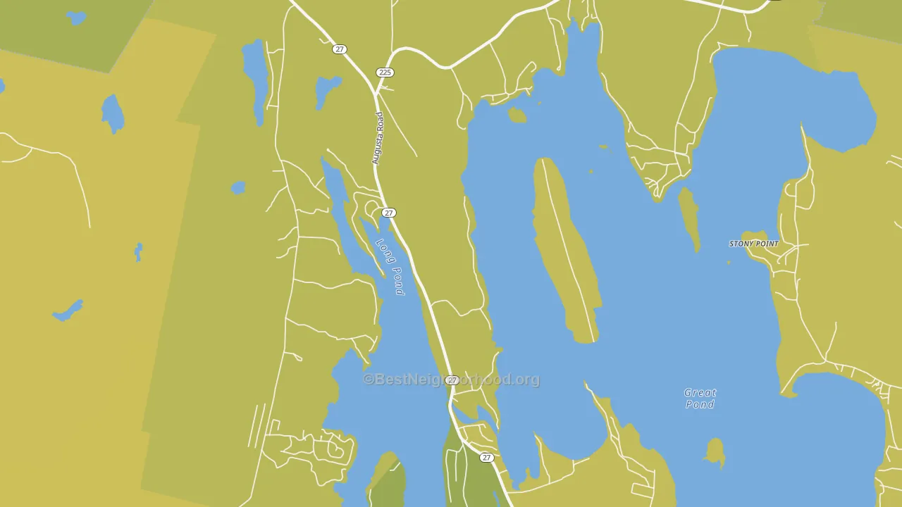 Map of the best neighborhoods in the Belgrade Lakes area, with better matches in green and worse matches in red