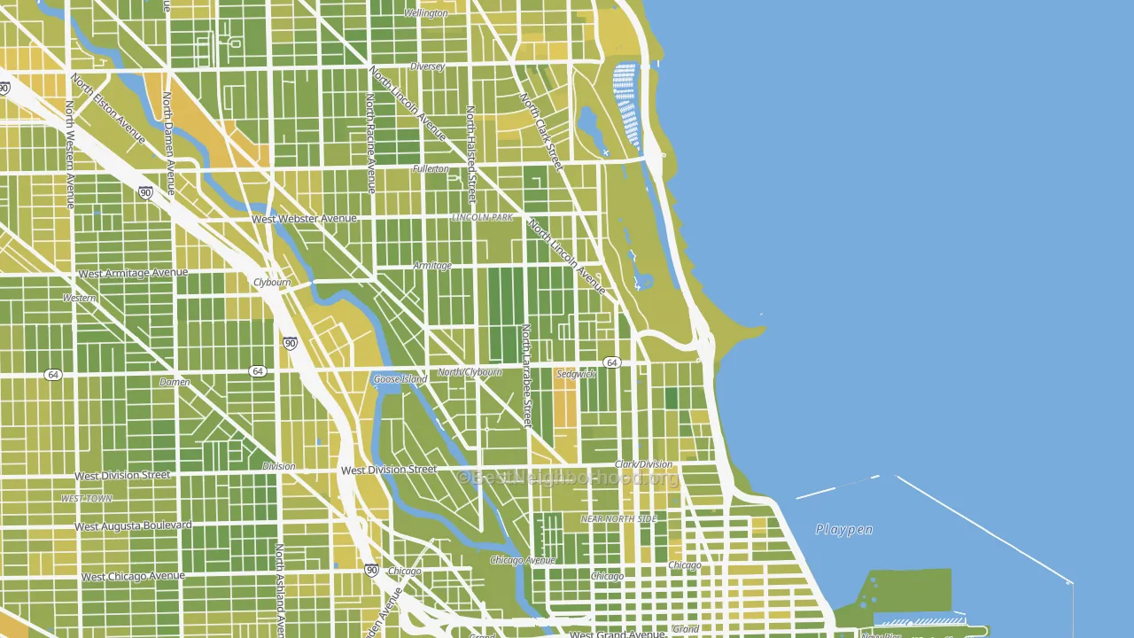 Map of the best neighborhoods in the Belgravia Terrace, Chicago area, with better matches in green and worse matches in red