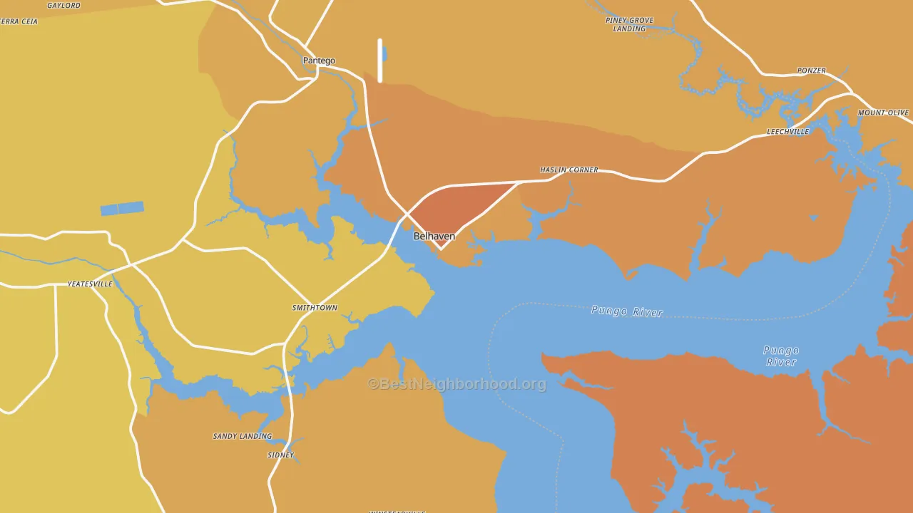 Map of the best neighborhoods in the Belhaven area, with better matches in green and worse matches in red