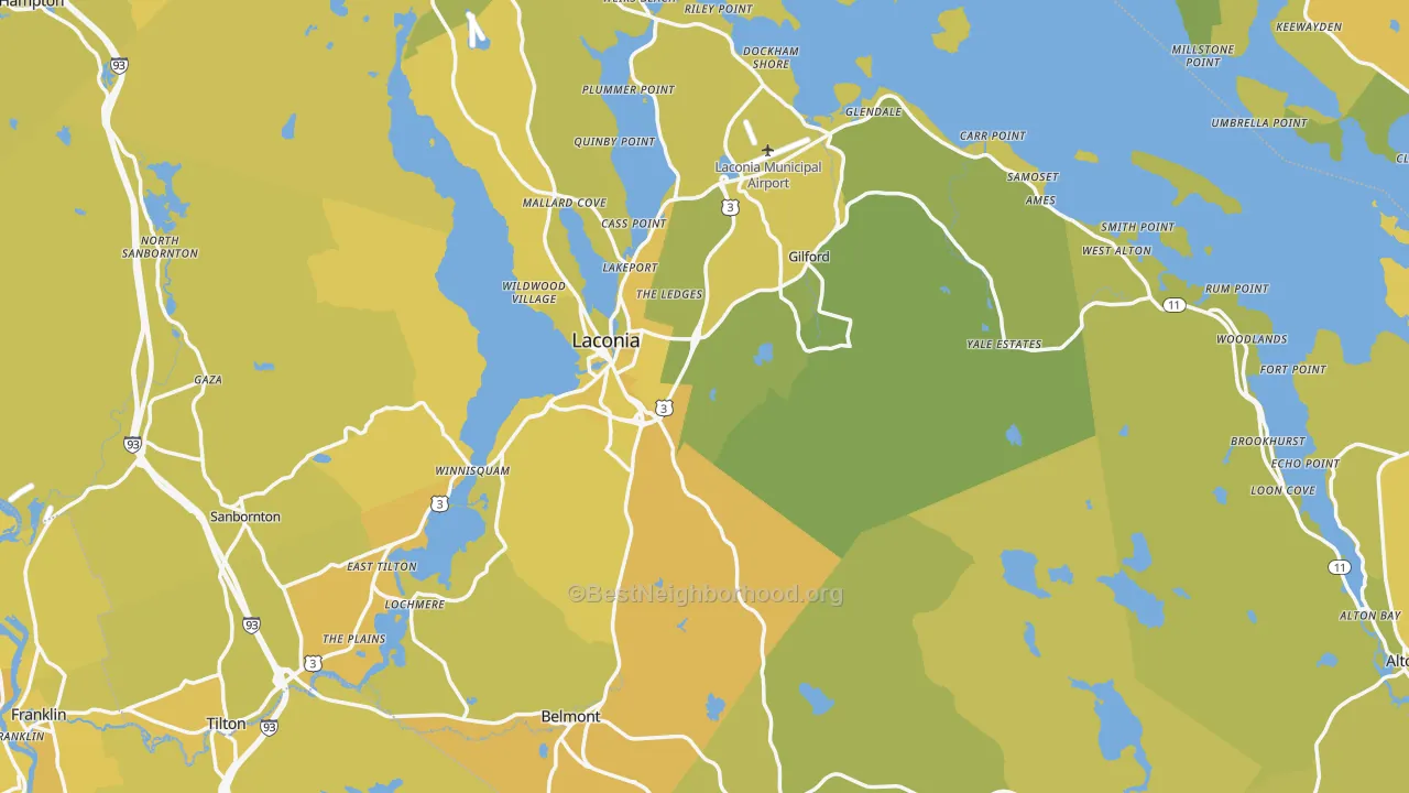 Map of the best neighborhoods in the Belknap County area, with better matches in green and worse matches in red