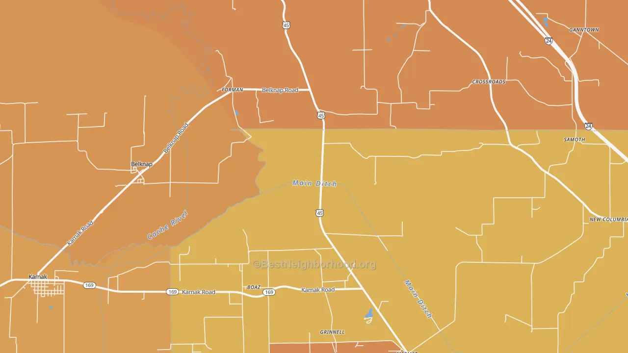 Map of the best neighborhoods in the Belknap area, with better matches in green and worse matches in red