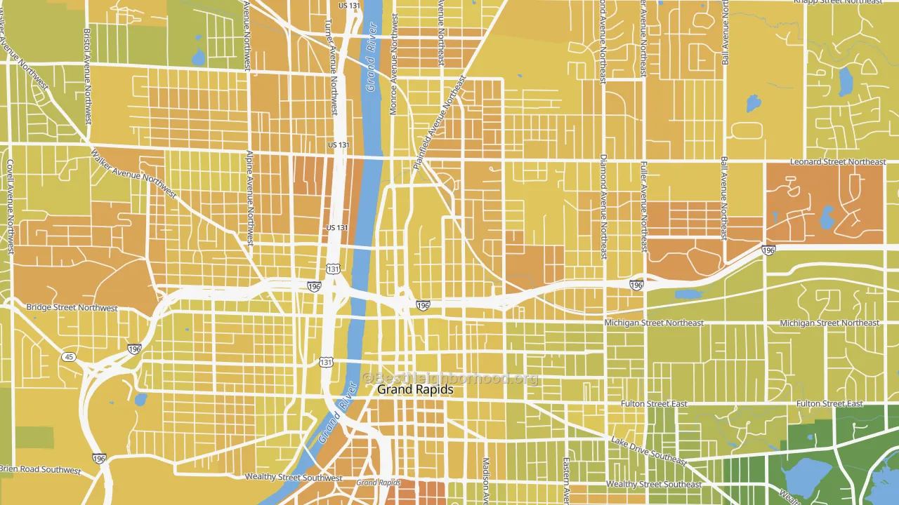 Map of the best neighborhoods in the Belknap Lookout, Grand Rapids area, with better matches in green and worse matches in red