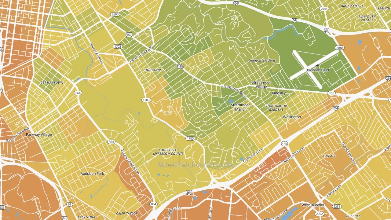 Map of the best neighborhoods in the Belknap, Louisville area, with better matches in green and worse matches in red