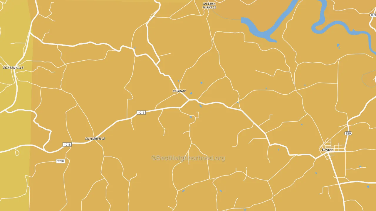 Map of the best neighborhoods in the Belknap area, with better matches in green and worse matches in red