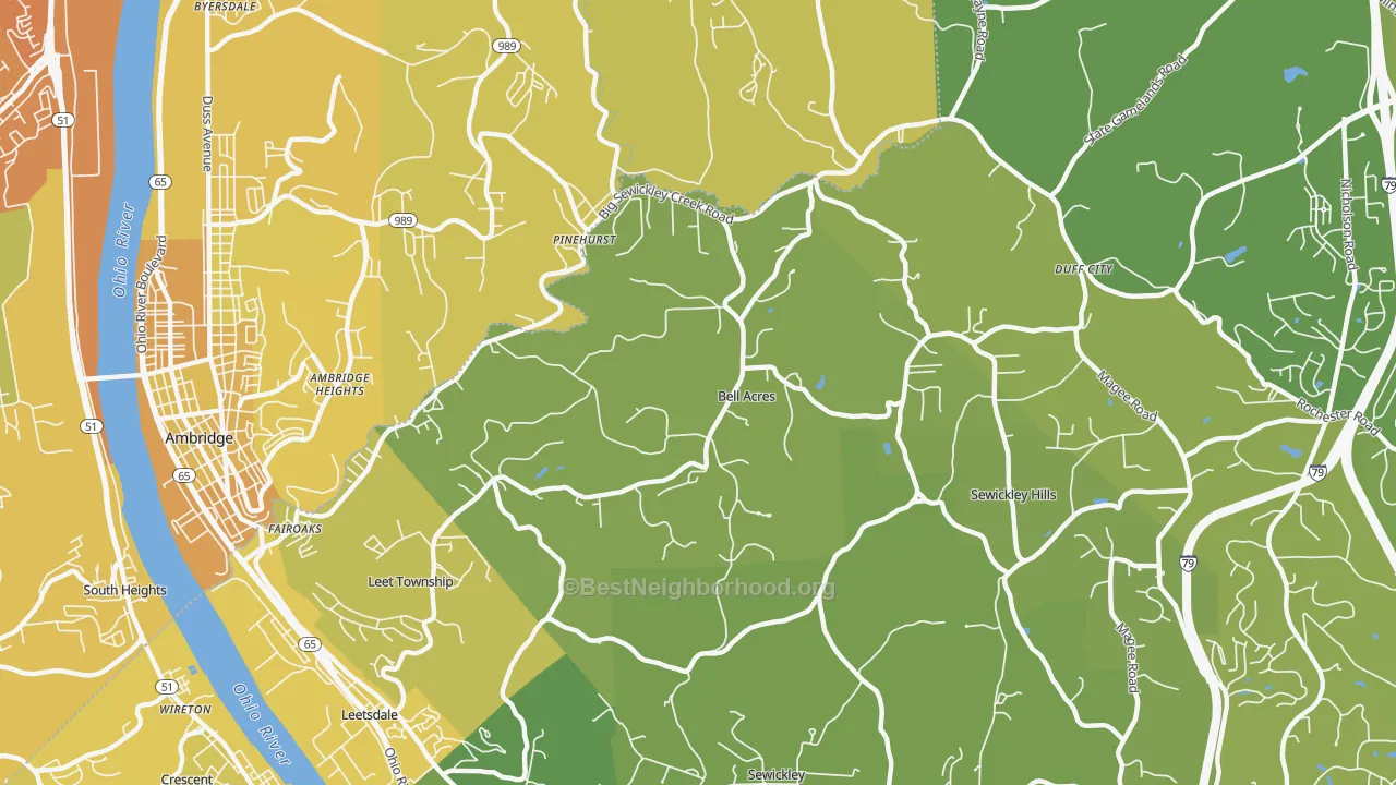 Map of the best neighborhoods in the Bell Acres area, with better matches in green and worse matches in red
