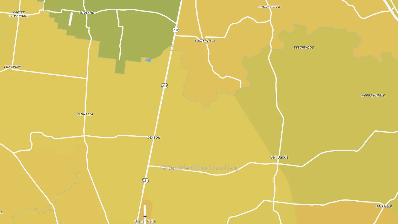 Map of the best neighborhoods in the Bell Buckle area, with better matches in green and worse matches in red