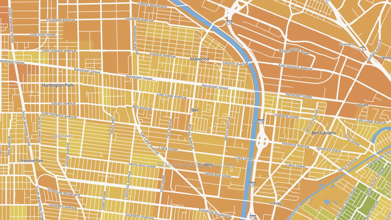 Map of the best neighborhoods in the Bell area, with better matches in green and worse matches in red
