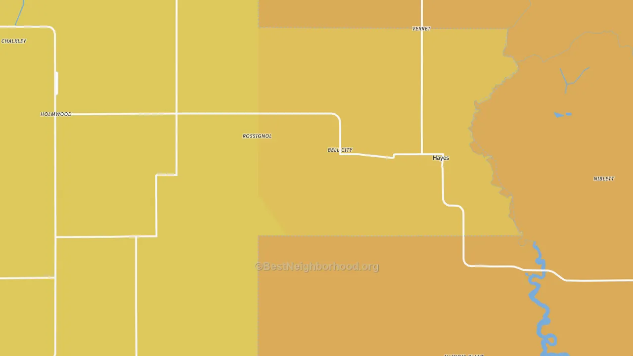 Map of the best neighborhoods in the Bell City area, with better matches in green and worse matches in red