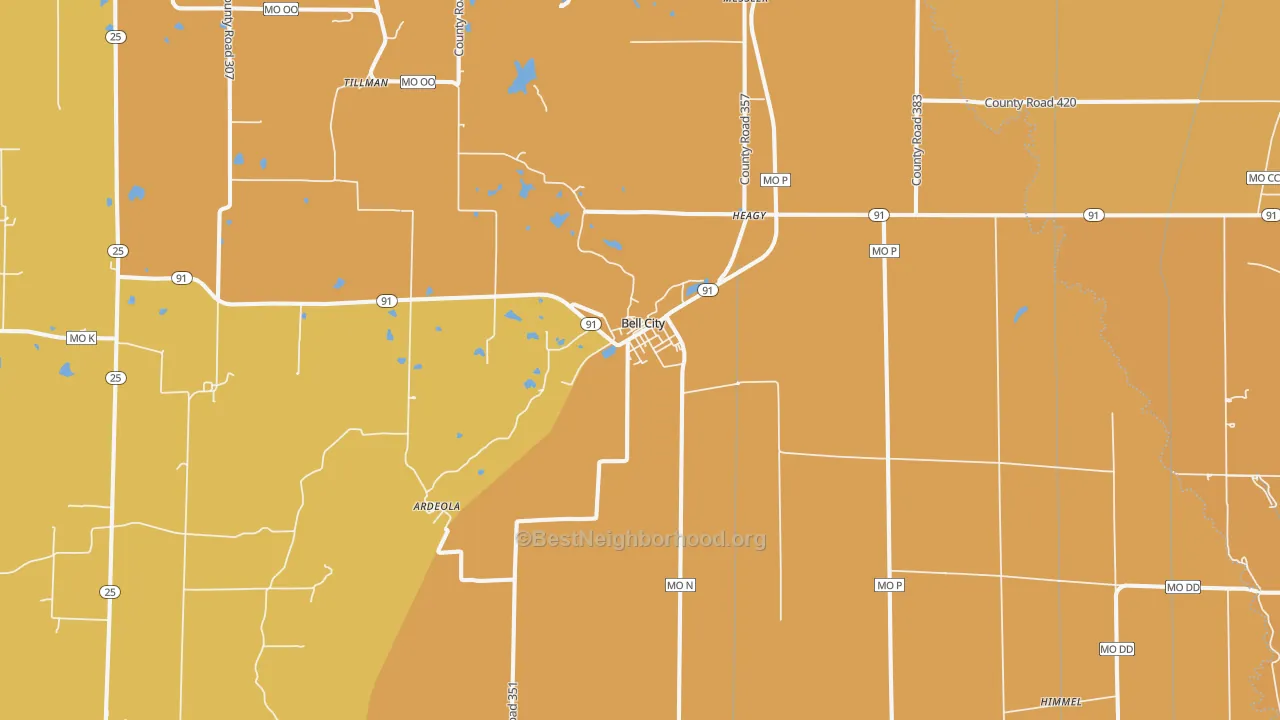 Map of the best neighborhoods in the Bell City area, with better matches in green and worse matches in red
