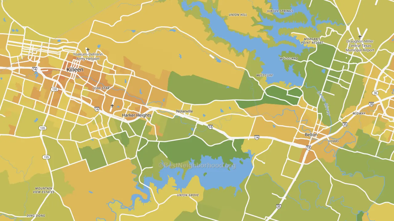 Map of the best neighborhoods in the Bell County area, with better matches in green and worse matches in red