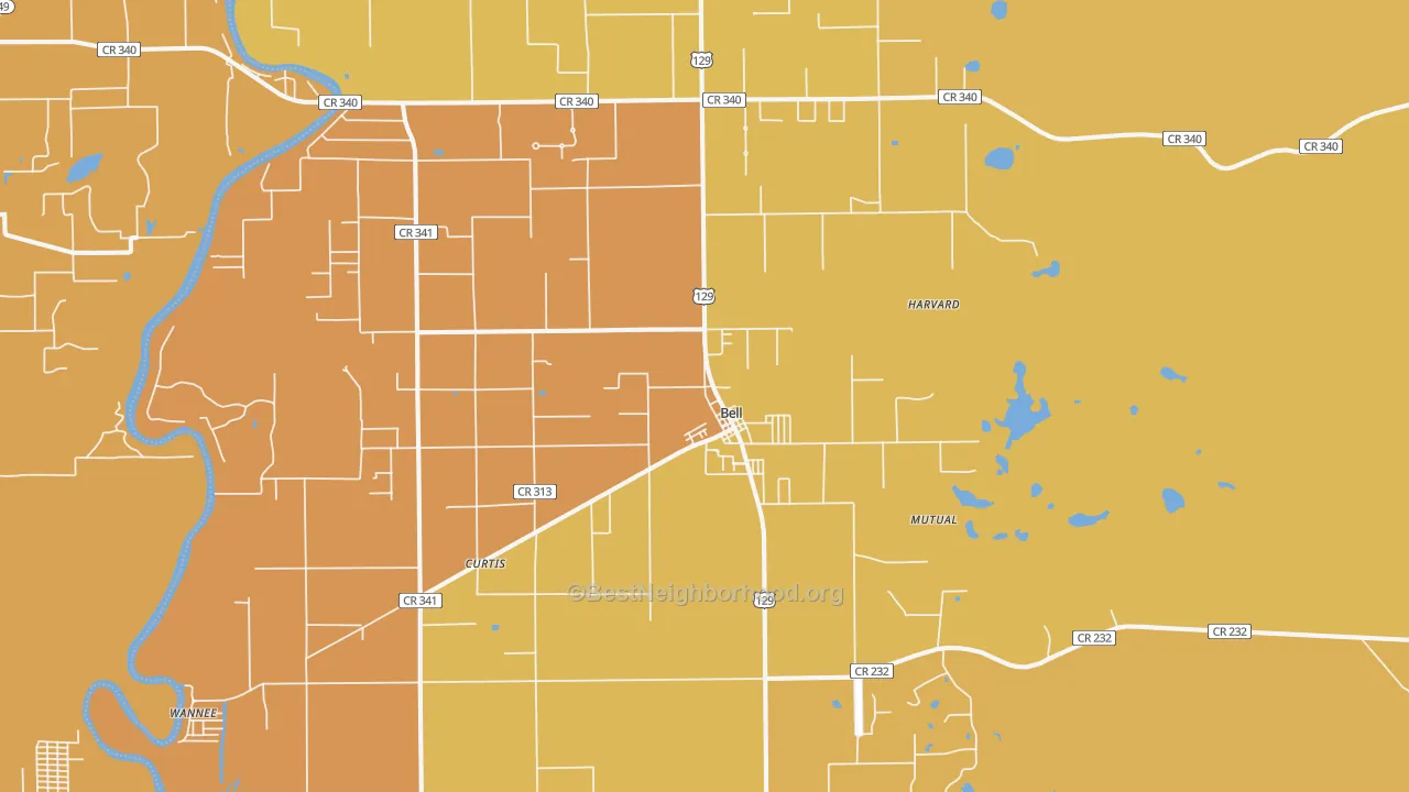 Map of the best neighborhoods in the Bell area, with better matches in green and worse matches in red