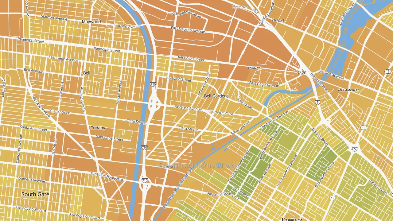 Map of the best neighborhoods in the Bell Gardens area, with better matches in green and worse matches in red