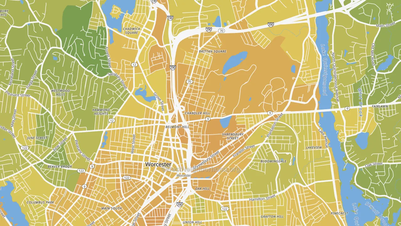 Map of the best neighborhoods in the Bell Hill, Worcester area, with better matches in green and worse matches in red