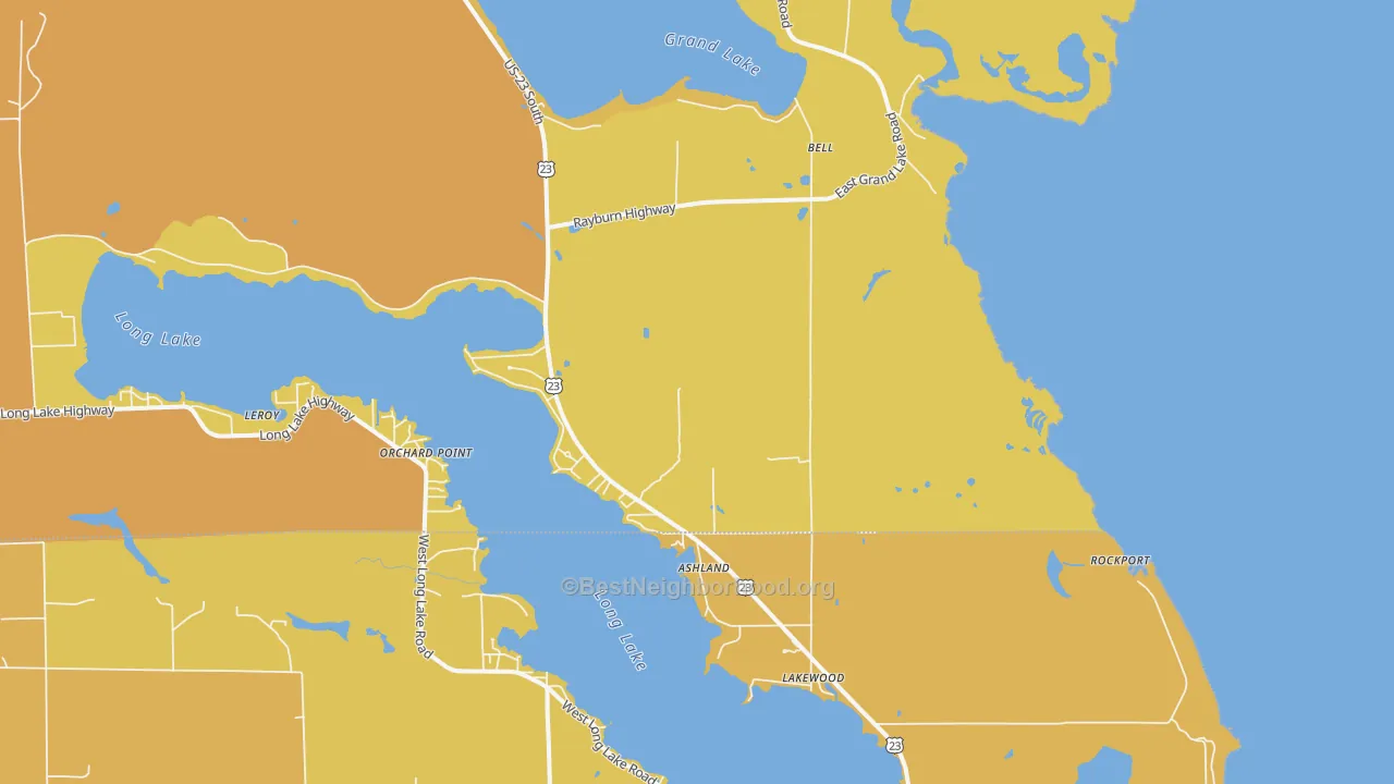 Map of the best neighborhoods in the Bell area, with better matches in green and worse matches in red