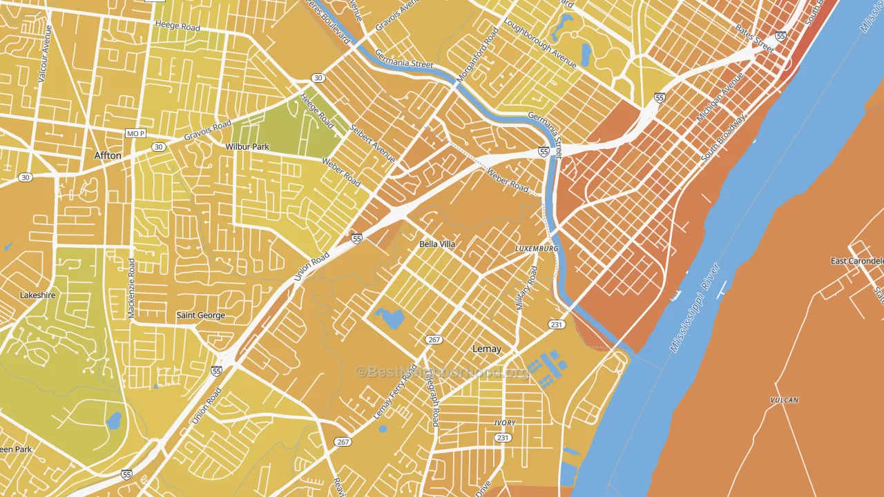 Map of the best neighborhoods in the Bella Villa area, with better matches in green and worse matches in red