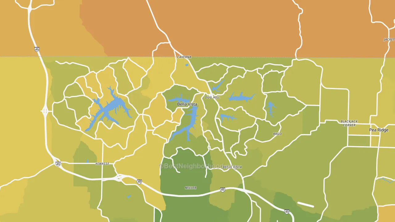 Map of the best neighborhoods in the Bella Vista area, with better matches in green and worse matches in red