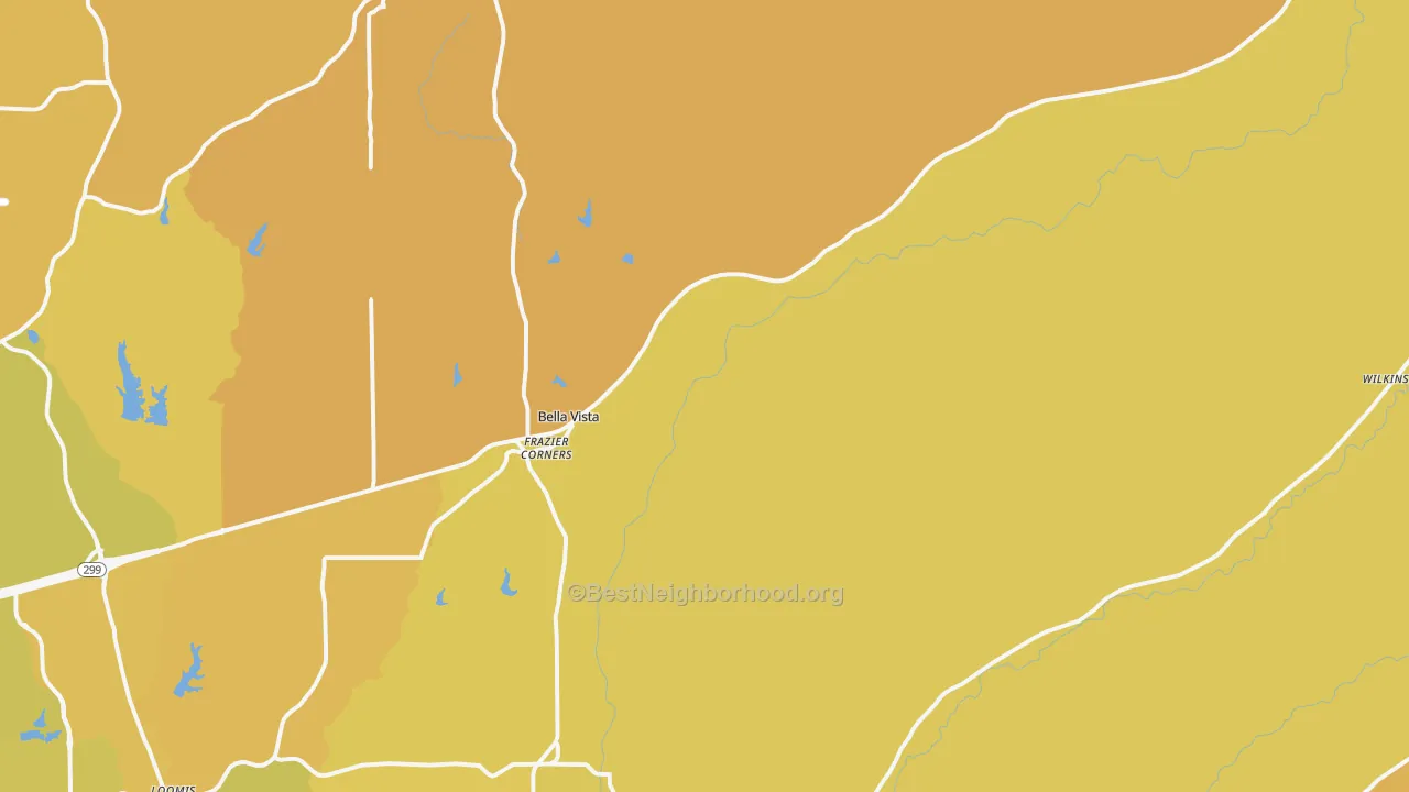 Map of the best neighborhoods in the Bella Vista area, with better matches in green and worse matches in red