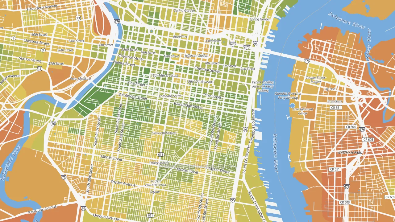 Map of the best neighborhoods in the Bella Vista, Philadelphia area, with better matches in green and worse matches in red