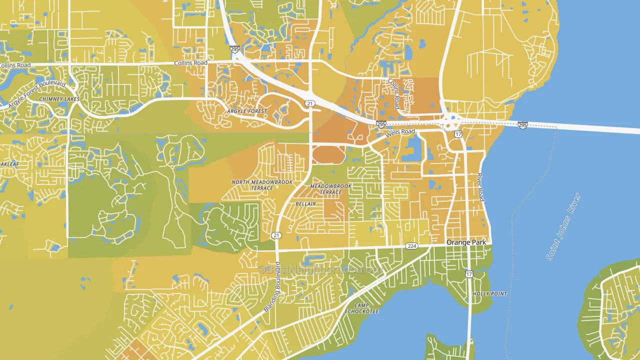 Map of the best neighborhoods in the Bellair-Meadowbrook Terrace area, with better matches in green and worse matches in red