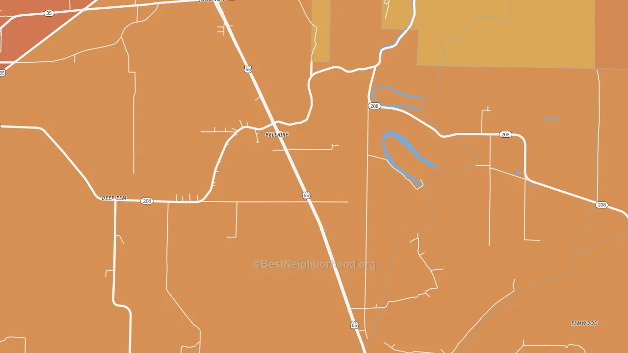 Map of the best neighborhoods in the Bellaire area, with better matches in green and worse matches in red