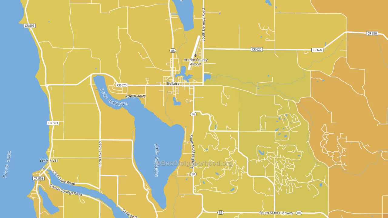 Map of the best neighborhoods in the Bellaire area, with better matches in green and worse matches in red