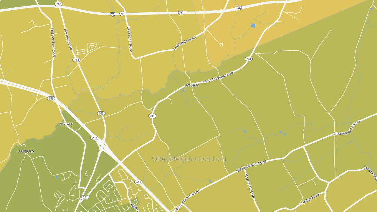 Map of the best neighborhoods in the Bellaire area, with better matches in green and worse matches in red