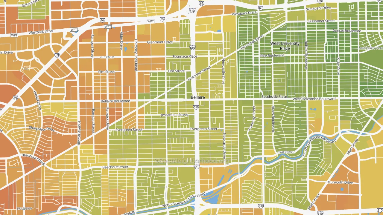 Map of the best neighborhoods in the Bellaire area, with better matches in green and worse matches in red