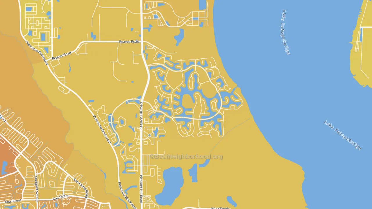 Map of the best neighborhoods in the Bellalago, Kissimmee area, with better matches in green and worse matches in red