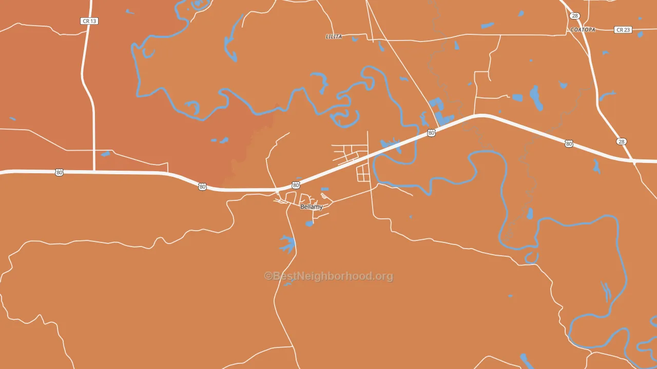 Map of the best neighborhoods in the Bellamy area, with better matches in green and worse matches in red