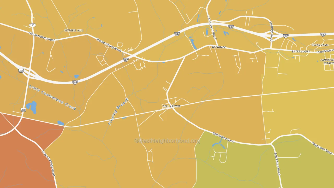 Map of the best neighborhoods in the Bellarthur area, with better matches in green and worse matches in red