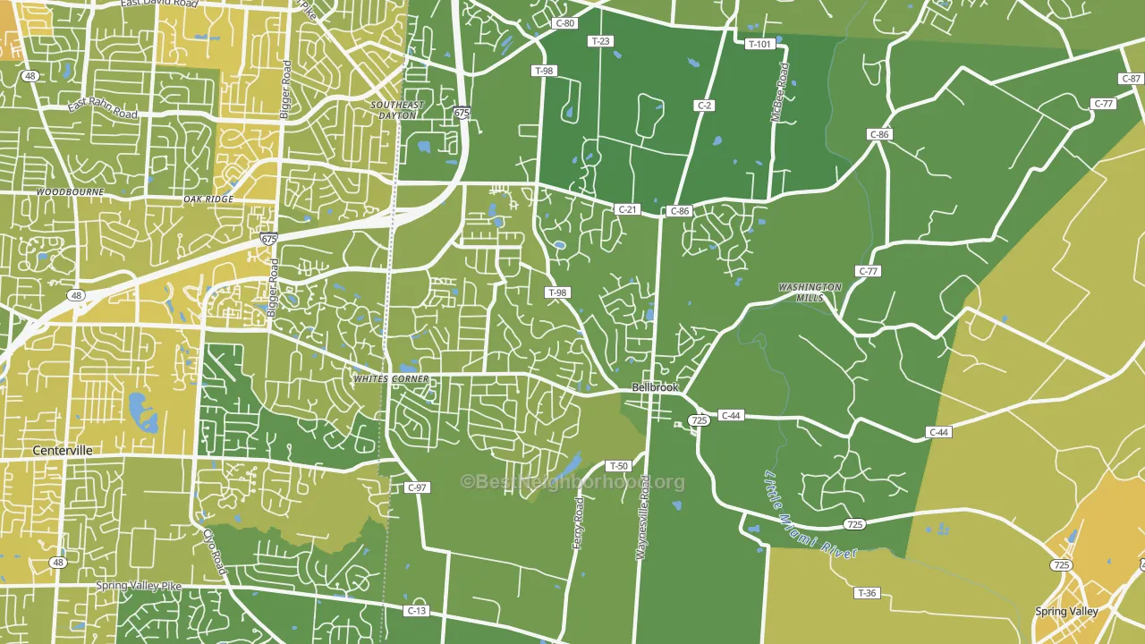 Map of the best neighborhoods in the Bellbrook area, with better matches in green and worse matches in red