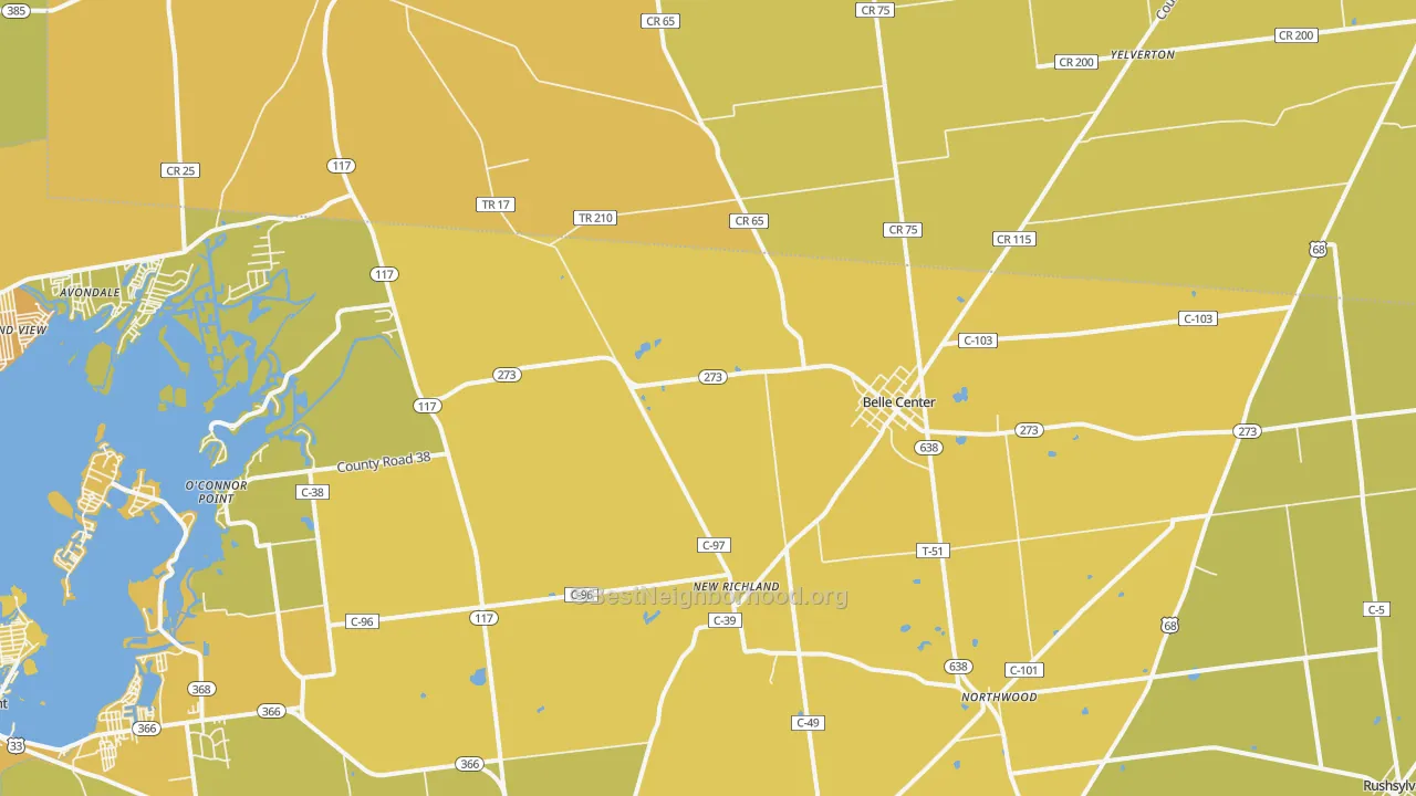 Map of the best neighborhoods in the Belle Center area, with better matches in green and worse matches in red