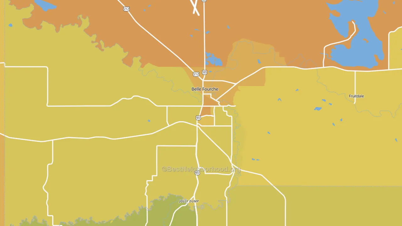 Map of the best neighborhoods in the Belle Fourche area, with better matches in green and worse matches in red
