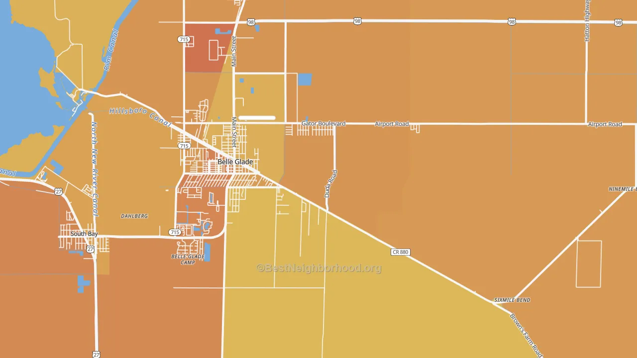 Map of the best neighborhoods in the Belle Glade Camp area, with better matches in green and worse matches in red