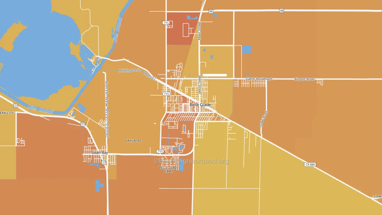 Map of the best neighborhoods in the Belle Glade area, with better matches in green and worse matches in red