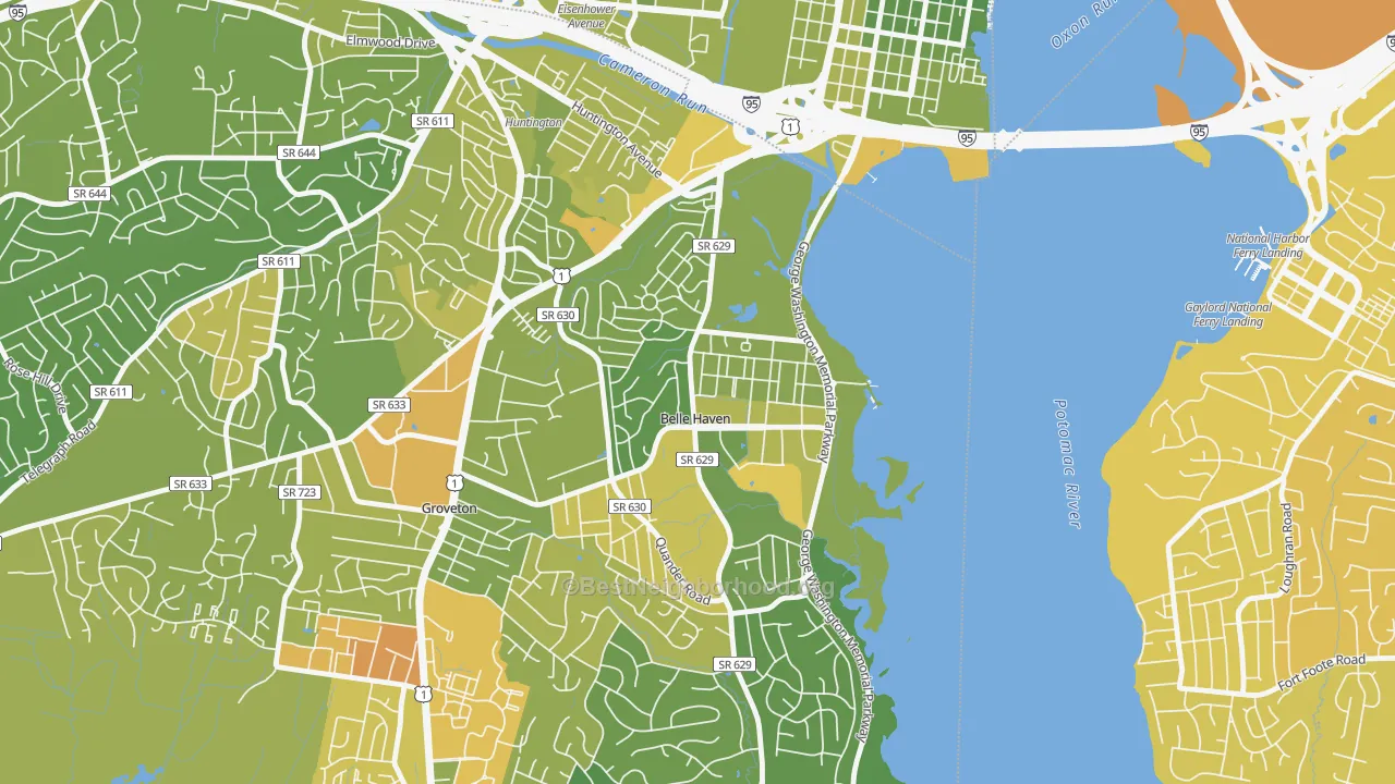 Map of the best neighborhoods in the Belle Haven, Belle View area, with better matches in green and worse matches in red