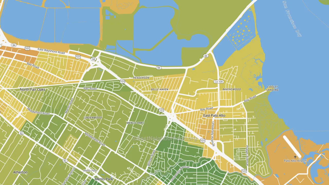 Map of the best neighborhoods in the Belle Haven, Menlo Park area, with better matches in green and worse matches in red