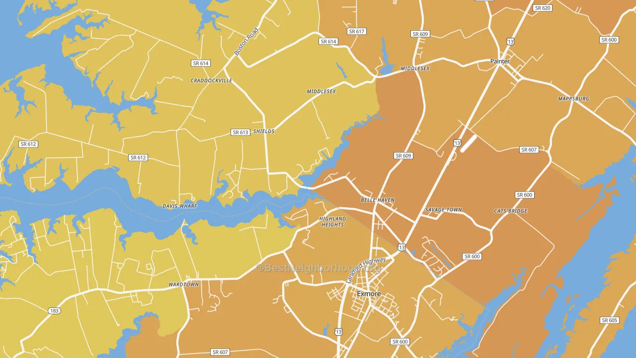 Map of the best neighborhoods in the Belle Haven area, with better matches in green and worse matches in red