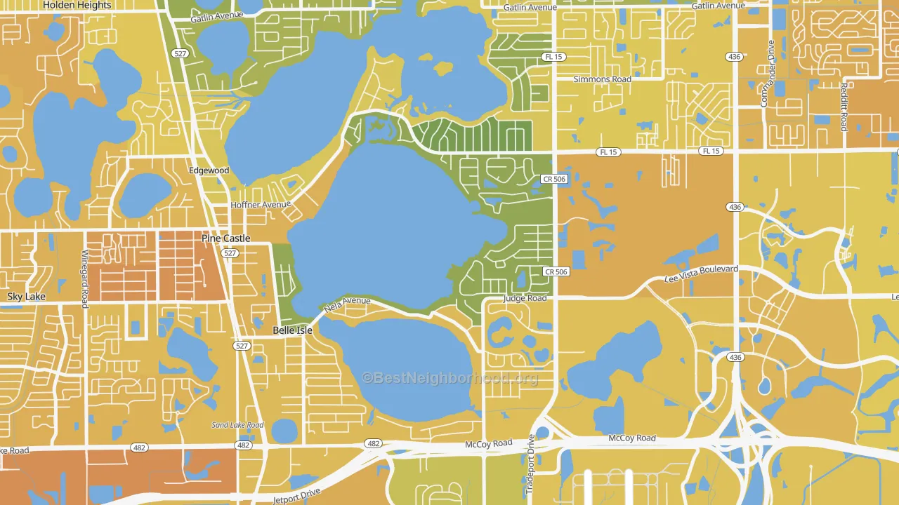 Map of the best neighborhoods in the Belle Isle area, with better matches in green and worse matches in red