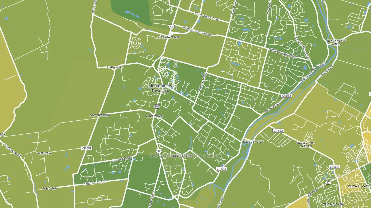 Map of the best neighborhoods in the Belle Mead area, with better matches in green and worse matches in red