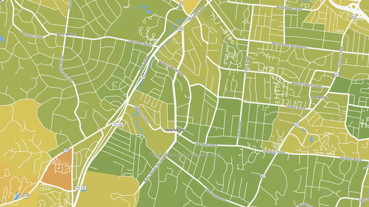 Map of the best neighborhoods in the Belle Meade area, with better matches in green and worse matches in red