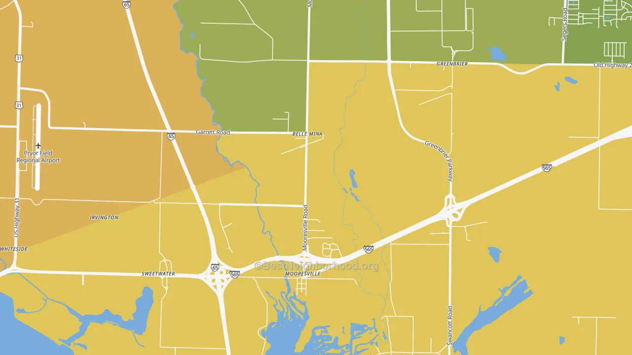 Map of the best neighborhoods in the Belle Mina area, with better matches in green and worse matches in red