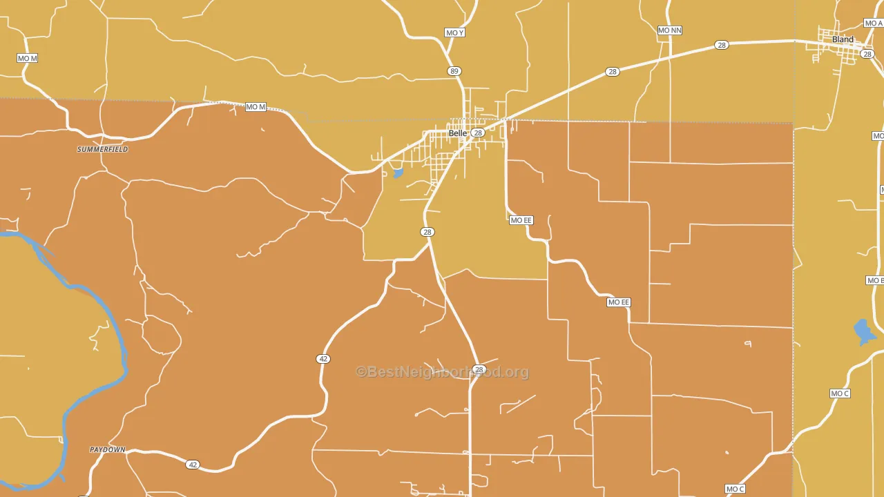 Map of the best neighborhoods in the Belle area, with better matches in green and worse matches in red