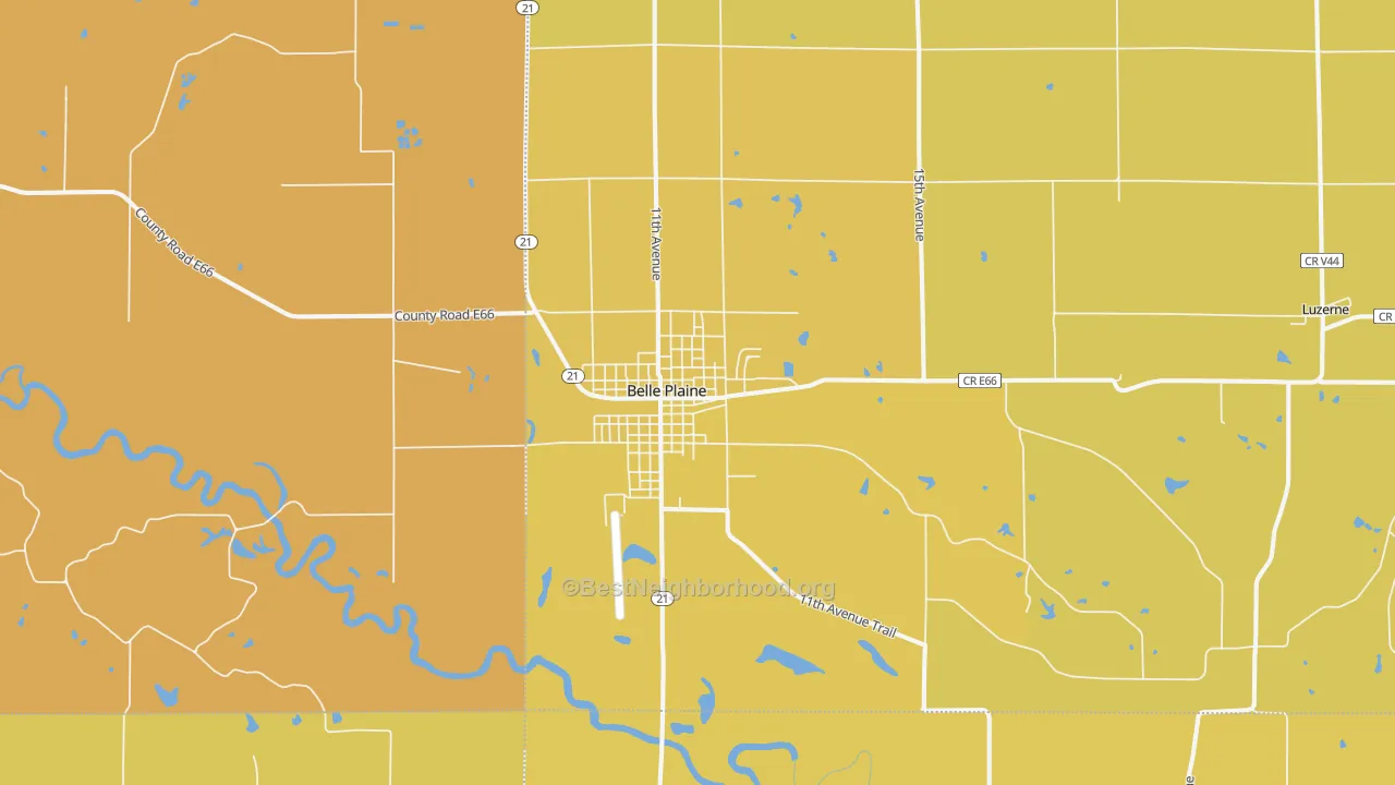 Map of the best neighborhoods in the Belle Plaine area, with better matches in green and worse matches in red