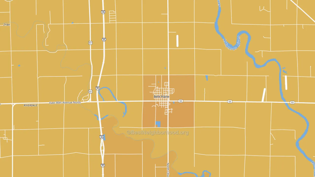 Map of the best neighborhoods in the Belle Plaine area, with better matches in green and worse matches in red